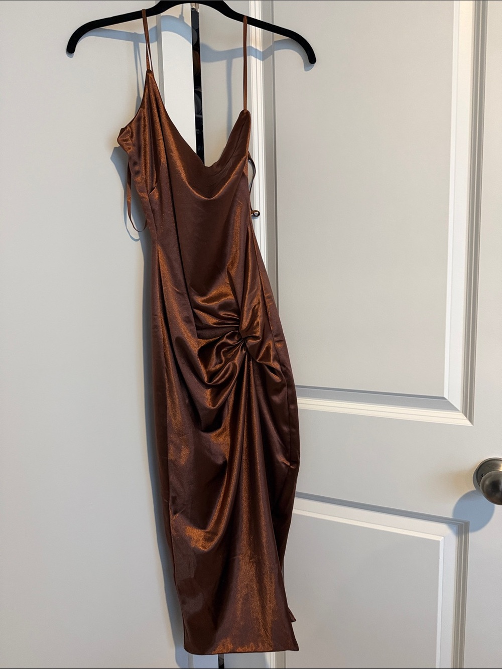 Satin Brown Slip Dress with Twist Detail